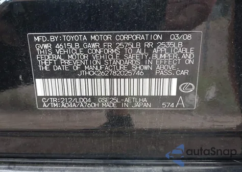 2008 Lexus Is 250 z USA, uszkodzony, nr VIN JTHCK262782025746